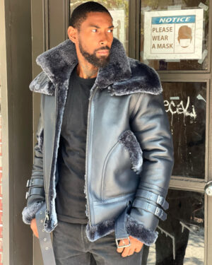 Men's Shearling - Navy Blue Aviator Double Collar