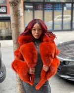 Women's DaRucci Orange Biker Style Shearling with Orange Fox Hood