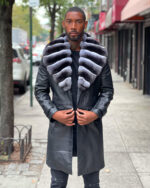 Men's Leather Trench 3/4 Peacoat - Black With Chinchilla Collar