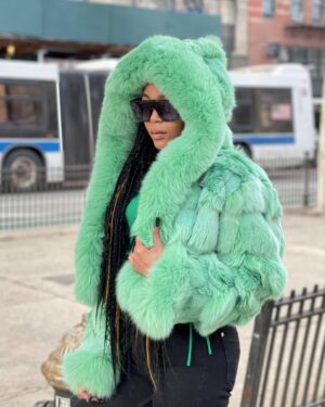 Women's DaRucci Money Green Fox Fur Bomber Jacket with Hood