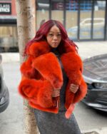 Women's DaRucci Orange Biker Style Shearling with Orange Fox Hood