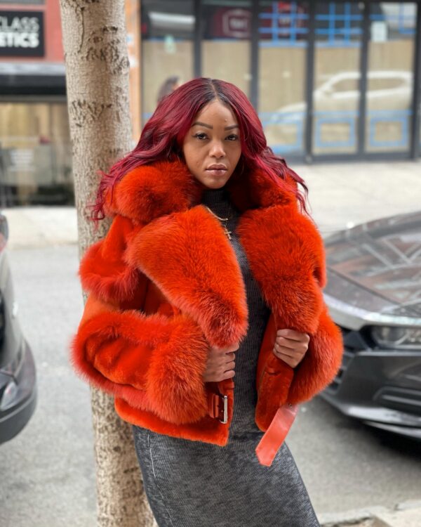 Women's DaRucci Orange Biker Style Shearling with Orange Fox Hood