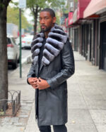 Men's Leather Trench 3/4 Peacoat - Black With Chinchilla Collar