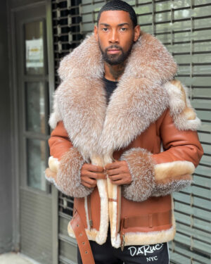 Men's DaRucci Cognac Brown Biker Shearling Jacket with Crystal Fox Fur & Hood