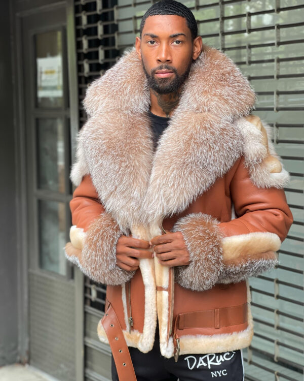 Men's DaRucci Cognac Brown Biker Shearling Jacket with Crystal Fox Fur & Hood
