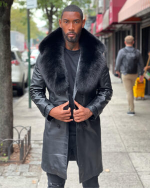 Men's DaRucci Black Leather 3/4 Trench Peacoat with Black Fox Fur