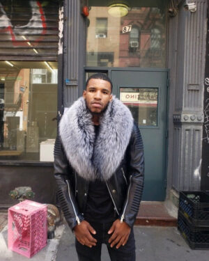 Men's DaRucci Black Biker Ribbed Jacket with Silver Fox Fur