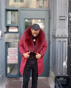 Men's DaRucci Burgundy 3/4 Trench Peacoat with Burgundy Fox Fur Collar