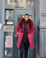 Men's DaRucci Burgundy 3/4 Trench Peacoat with Burgundy Fox Fur Collar