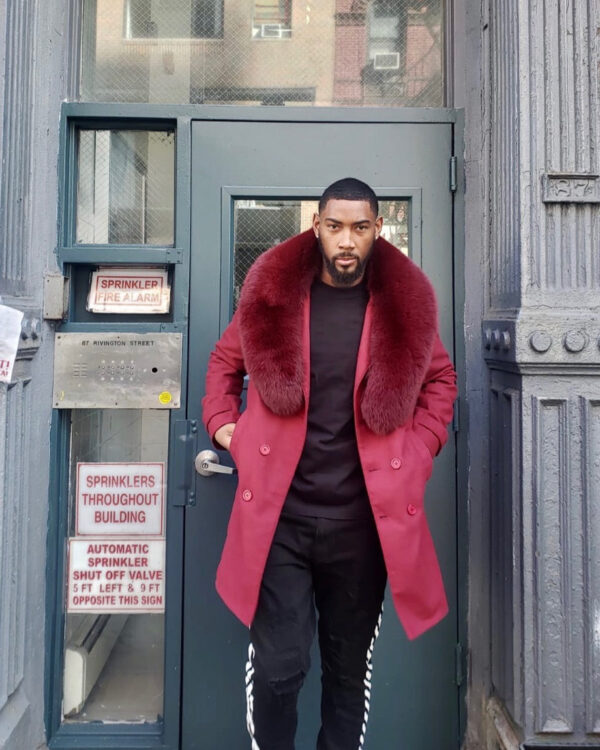 Men's DaRucci Burgundy 3/4 Trench Peacoat with Burgundy Fox Fur Collar