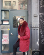 Men's DaRucci Burgundy 3/4 Trench Peacoat with Burgundy Fox Fur Collar
