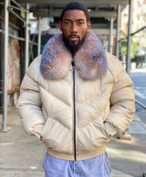 Men's DaRucci Cream V Bomber Leather Jacket with Crystal Fox Fur