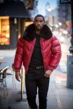 Men's DaRucci Red V Bomber Leather Jacket with Black Fur