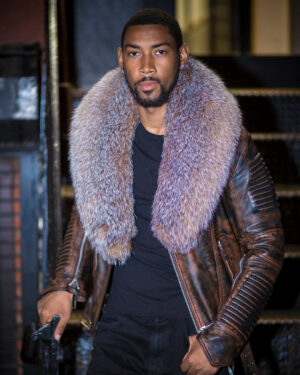 Men's DaRucci Wax Brown Biker Ribbed Leather Jacket with Crystal Fox Fur