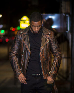 Men's DaRucci Wax Brown Biker Ribbed Leather Jacket