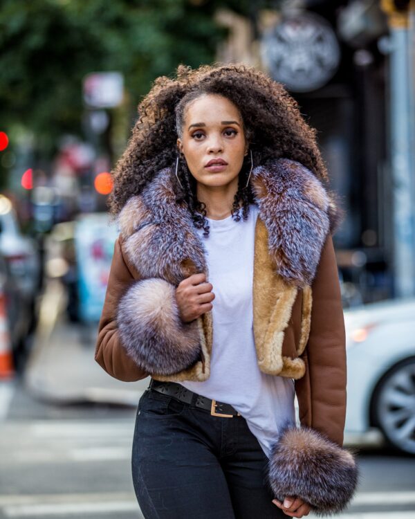 Women's DaRucci Cognac Crop Top Shearling Jacket with Crystal Fox Fur