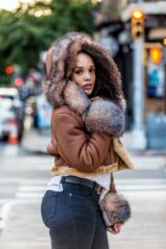 Women's DaRucci Cognac Crop Top Shearling Jacket with Crystal Fox Fur