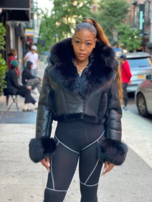 Women's DaRucci Black Crop Top Shearling Jacket with Black Fox Fur