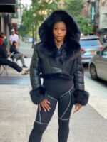 Women's DaRucci Black Crop Top Shearling Jacket with Black Fox Fur