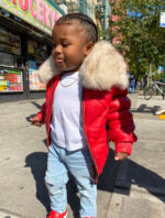 Kids' DaRucci Red V-Bomber Leather Jacket with Off-White Fox Fur Collar