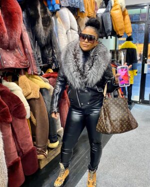 Women's DaRucci Black Biker Ribbles Leather Jacket with Silver Fox Fur