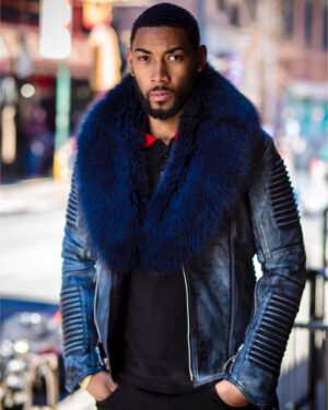 Men's DaRucci Wax Navy Blue Biker Ribbed Leather Jacket with Blue Fox Fur