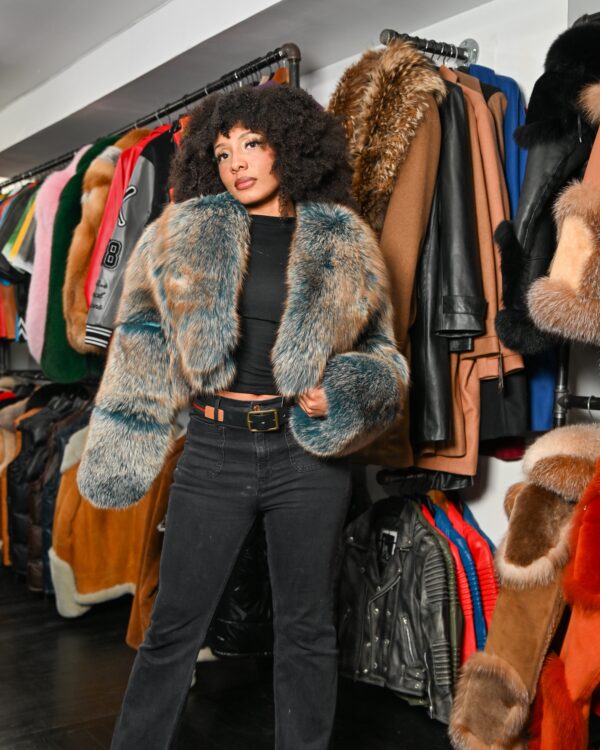 Women's DaRucci Mix Blue Fox Fur Hooded Bomber Crop Top