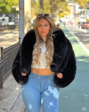 Women's DaRucci Black Fox Fur Hooded Bomber Crop Top