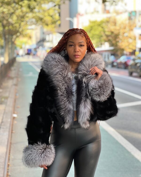 Women's DaRucci Black Fox Fur Bomber Jacket with Silver Fox