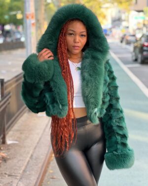 Women's DaRucci Money Green Fox Fur Bomber Jacket with Hood