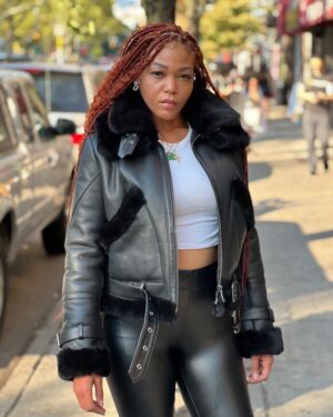 Women's DaRucci Black Double Collar Pilot Style Shearling Jacket