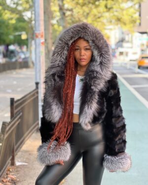 Women's DaRucci Black Fox Fur Bomber Jacket with Silver Fox