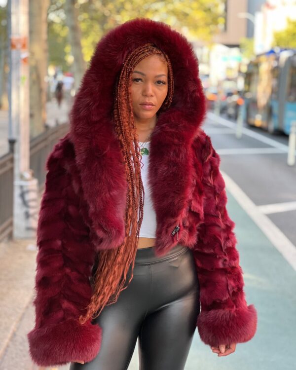 Women's DaRucci Burgundy Fox Fur Bomber Jacket with Hood