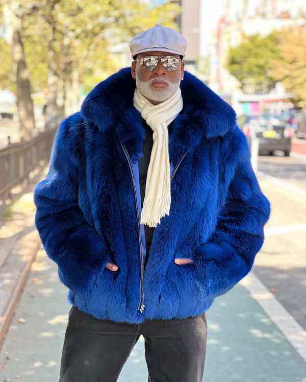 Men's DaRucci Royal Blue Fox Fur Bomber Jacket