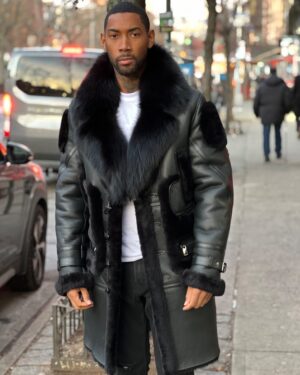 Men's DaRucci Black 3/4 Shearling Coat with Crystal Fox Fur