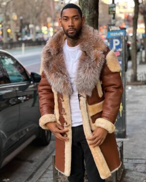 Men's DaRucci Cognac 3/4 Shearling Coat with Crystal Fox Fur