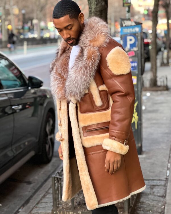 Men's DaRucci Cognac 3/4 Shearling Coat with Crystal Fox Fur