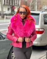 Women's DaRucci Pink Ribbles Leather Jacket with Pink Fox Collar