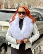 Women's DaRucci White Ribbles Leather Jacket with White Fox Collar