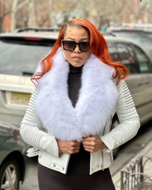 Women's DaRucci White Ribbles Leather Jacket with White Fox Collar