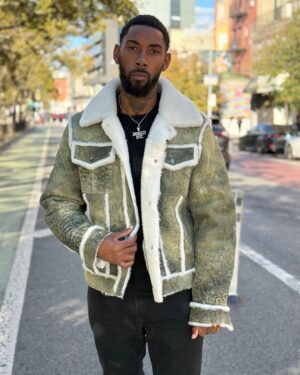 Men's DaRucci Distressed Green Denim Style Shearling Jacket (Fur Out)