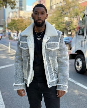 Men's DaRucci Distressed Grey Denim Style Shearling Jacket (Fur Out)