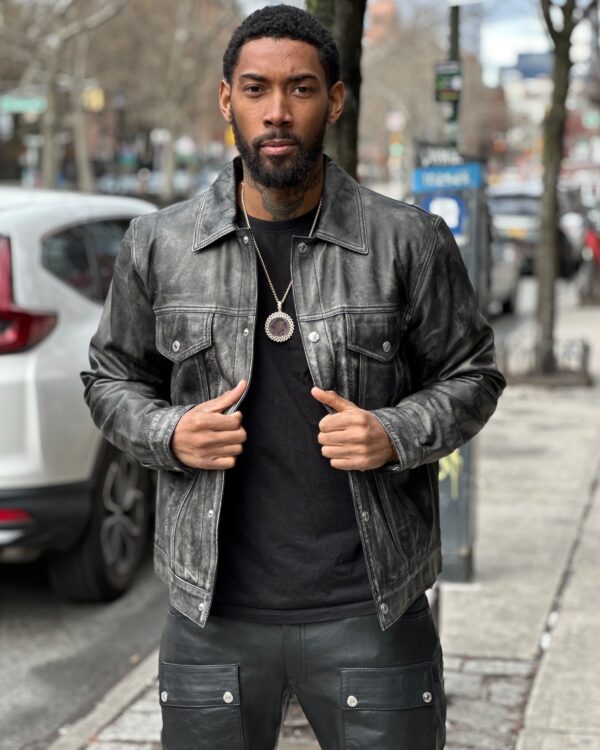 Men's Leather Denim Style - Distressed Black