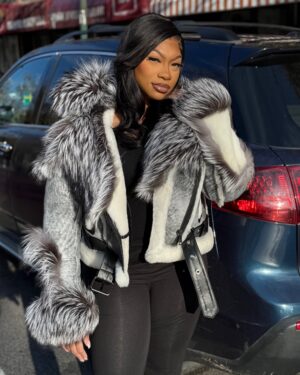 Women's DaRucci Distressed Grey Biker Style Shearling with Silver Fox Hood