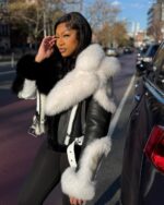 Women's DaRucci Black & White Biker Style Shearling with Fox Fur