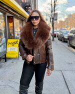 Women's DaRucci Wax Brown Biker Ribbles Leather Jacket with Brown Fox Fur