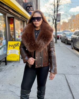 Women's DaRucci Wax Brown Biker Ribbles Leather Jacket with Brown Fox Fur