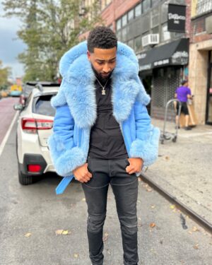 Men's DaRucci Powder Blue Biker Shearling Jacket with Fox Fur & Hood