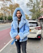 Men's DaRucci Powder Blue Biker Shearling Jacket with Fox Fur & Hood