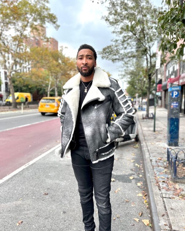 Men's DaRucci Distressed Grey Biker Shearling Jacket with Fur Ribs